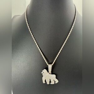Silver Tone Bling Gorilla Pendant Rope Chunky Chain Necklace 18” Urban Style New